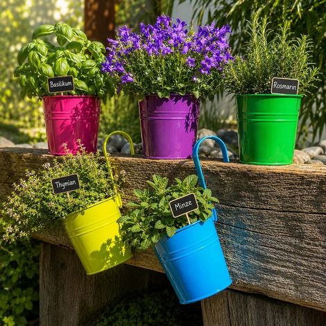 ® Set mit 10 Hängeblumentöpfen, Hängeblumentöpfe mit abnehmbarem Griff, vielseitige Balkontöpfe für Blumen, Kräuter und Dekoration, Metall, wetterfest, 10 cm Durchmesser (1/5)
