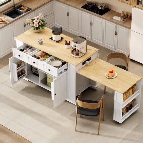 Îlot de cuisine extensible avec table escamotable, rangement et prises intégrées (1/5)