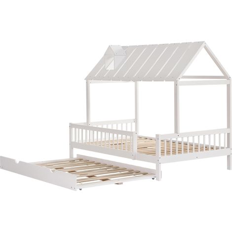 Letto cabina con letto estraibile, tetto con camino, legno bianco 120x200/190 cm (1/5)