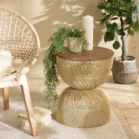 SIXTINE - Table d'appoint en rotin beige plateau en bois teck recyclé (1/5)
