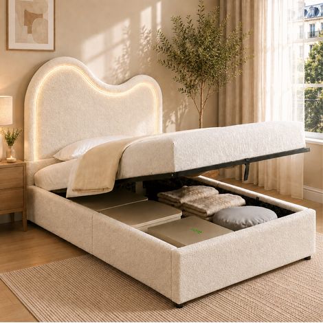 Cama infantil 90x200 cm de bouclé blanco con arcón hidráulico, sin colchón – MEUBLIV (1/5)