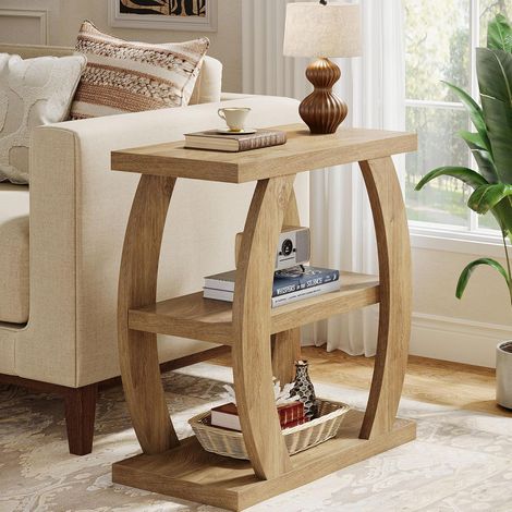 Tribesigns Table d'Appoint pour Salon, Table d'Accent Étroite à 3 Niveaux avec Rangement, Table de Chevet de Style Fermier en Bois, Grande Table de Nuit pour Chambre, Petits Espaces, Chêne Naturel (1/5)