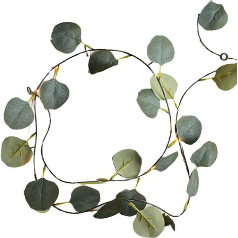 Lanterne en rotin à feuilles vertes - Modèle à piles 5 m 50 LED [Lumière chaude] - Fil de cuivre et motif feuille d'eucalyptus