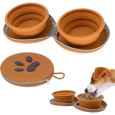 Ciotola pieghevole per cani, set da 2 per 1 animale domestico, ciotola doppia portatile per viaggi, campeggio e passeggiate, 740 ml, marrone (1/5)