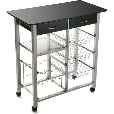 Chariot de Cuisine avec Roues, tiroirs et Porte-Bouteilles, Rangement de Cuisine, Stockage de Cuisine, Dimensions (H x l x L) 82 x 40 x 76 cm, Bois et métal, Couleur: Noir (1/5)