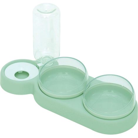 Gamelle Chat - Double Bol Incliné 15° - Séparation Sèche/Humide - Support Stockage Eau Automatique - Pour Chats et Chiots - Vert