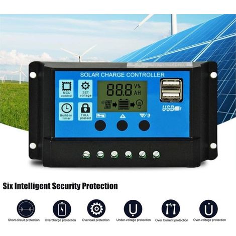 Solar-Laderegler 20A PWM 12V/24V LCD-Display, zwei USB-Anschlüsse, Schutzsystem