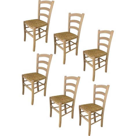 T M C S – Set de 6 chaises Venezia – Hauteur d'assise 48 cm – Structure en bois de hêtre poli – Assise en paille – Pour cuisine et salle à manger (1/5)