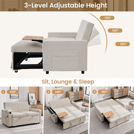 Sofá cama de 2 plazas 140x84,5x84 cm en chenilla beige 3 en 1 para espacios pequeños - MEUBLIV (1/5)