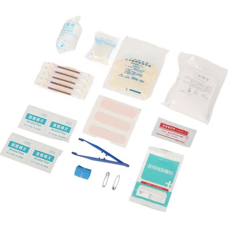 Trousse de premiers secours pour le camping et les voyages : lingettes humides, pommade pour brûlures, cotons-tiges, pansements, lingettes de soin. (1/5)