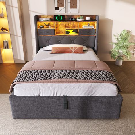 Bettgestell 90x200 cm grau aus Leinen mit LED-Beleuchtung, Stauraum und USB-/Type-C-Ladestation (1/5)
