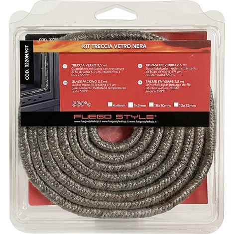 Guarnizione in treccia di vetro nera 8x8 mm per stufe e camini
