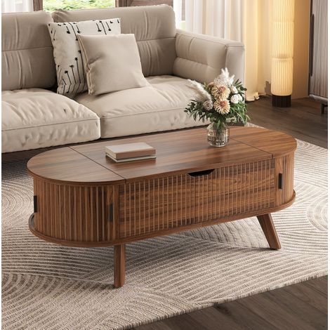 Table basse relevable ovale 105x50 cm MDF noyer avec rangement pour petit espace - CHICFURN (1/5)