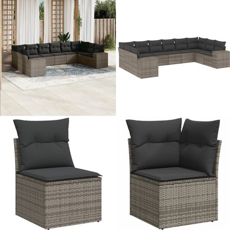 10-tlg. Garten-Sofagarnitur mit Kissen Grau Poly Rattan - Gartensortiment - Outdoor Möbel - Gartenlounge - Lounge Set - Rattan Gartenmöbel - Home & Living (1/5)