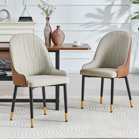 Lot de 2 Chaises de Salle à Manger en PU - Dossier Motif Éclair - Cadre Métal Noir & Or - 47x44x91cm - Gris Chaud et Brun (1/5)
