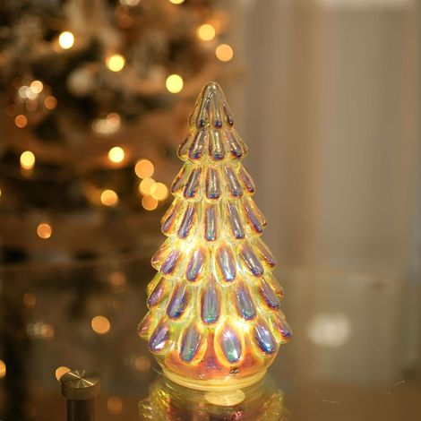 Sapin de Noël en Verre Mercure avec Finition irisée, lumière LED et minuterie de 6 Heures, Fonctionne avec Piles, décoration de Vacances (1/5)