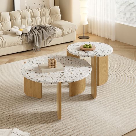 Set de 2 tables basses gigognes en MDF blanc et bois, design moderne avec motifs, 70x70x35 et 50x50x45,5 cm (1/3)