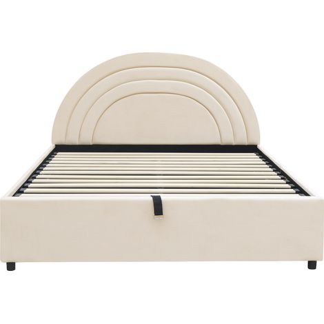 CAIziLit capitonné velours beige 140×190cm sommier lattes bois montage facile (1/5)