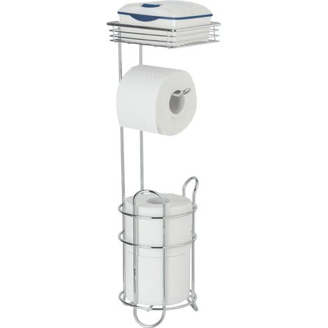 Serviteur WC 3en1 porte papier toilette sur pied – Étagère de rangement – Métal chromé – Dimensions 15x18x59cm