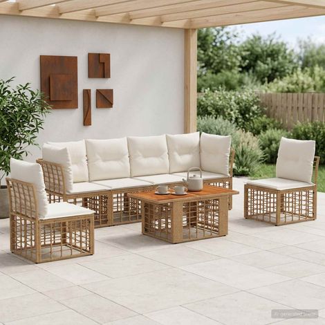 vidaXL Set Divano da Giardino 7 pz Naturale e Bianco Crema polyrattan (1/5)