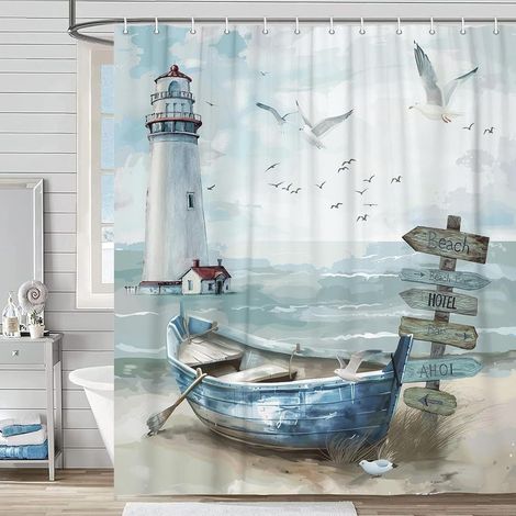 Rideau de douche, ensemble rideau de douche phare de plage océanique, bord de mer, voile, bleu sarcelle (1/3)
