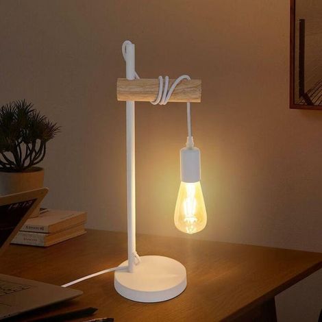 Lampe sur pied de bureau, lampe de chevet en bois et métal, éclairage de chambre et salon, pour ampoule LED E27 10W max, blanc (1/4)