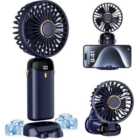 Mini ventilateur portable 5 en 1 - 2500 mAh - 5 vitesses de ventilation - Pliable à 90° - Affichage numérique - Bleu foncé