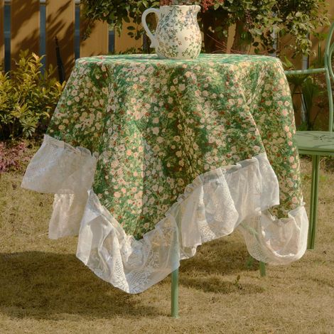 Nappe carrée vintage avec volants, jacquard floral rustique, (1/5)