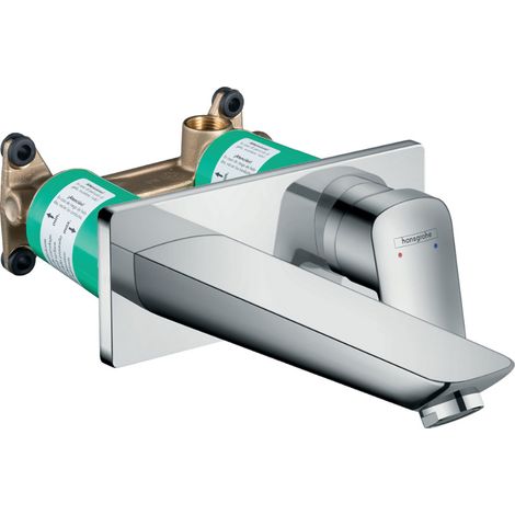 Hansgrohe Logis Set Mischer für eingebautes Wand-Waschbecken aus Chrom 195 mm Auslauf + frei fließende Ablaufgarnitur + Einbaukörper (7122