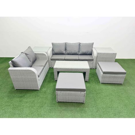 Fimous 7 Seater PE Rattan Wicker Garden Furniture Patio Conservatory Sofa Set with Oblong Coffee Table 3 Seater Sofa Love Sofa 2 Big Footstool 2 Side Table (1/4)