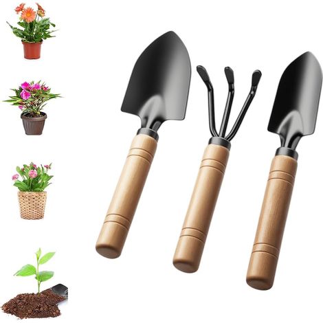 Lot de 3 Outils de jardinage, Manche en bois, Tête en acier inoxydable, Pour bonsaï et plantes en pot (1/5)