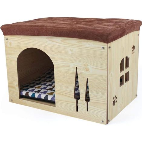 Indoor Outdoor Pet House - Cube Wooden Kennel, Foldable Bed House for Dogs, Cats with Mat (1/5)