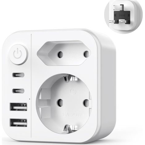 6-in-1-UK-Steckeradapter, 3250-W-UK-Reiseadapter mit 2 Steckdosen, 2 USB-Anschlüssen und 2 Typ-C-Anschlüssen, Typ-G-Adapter für Irland, Dubai, Malaysia, die Malediven und England (1/5)