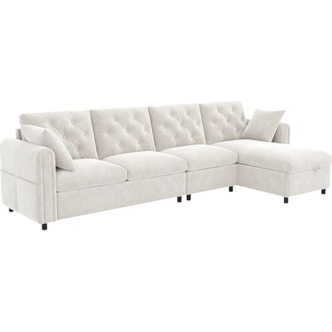 Sofá esquinero en L de terciopelo beige con almacenaje y bolsillos laterales 281 x 132 x 86 cm (1/5)