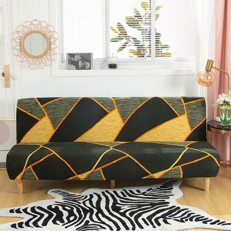 Housse de Canapé sans Accoudoir Extensible,Couverture de Canapé sans Bras Universel Tout Couvert Canapé Pliant Protecteur,Facile à Installer et Nettoyer,Housse de Clic Clac 3 Places,marbre jaune (1/4)