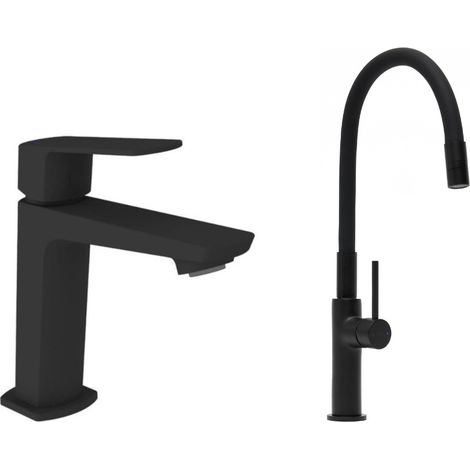 Set miscelatore lavabo senza scarico + miscelatore cucina con aeratore Neoperl®, nero opaco (SATBS271C)
