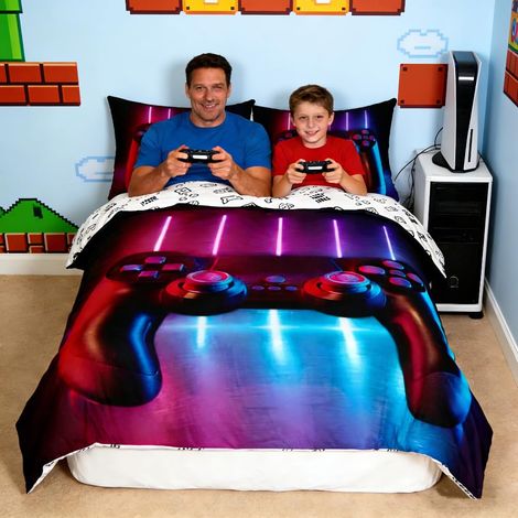 Parure de lit 3 pièces avec housse de couette pour enfants, garçons, adolescents, motif manette de jeu, super king size, fermeture éclair (1/5)