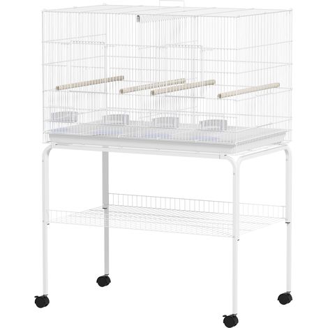 Cage à oiseaux avec séparateur mangeoires bac extraïble support 94x57x57/128 cm blanc (1/5)
