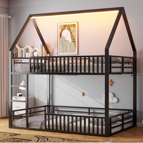 Letto a castello a casetta 140x200 cm a forma di casa con illuminazione LED e sponda di sicurezza, senza materasso, nero (1/5)