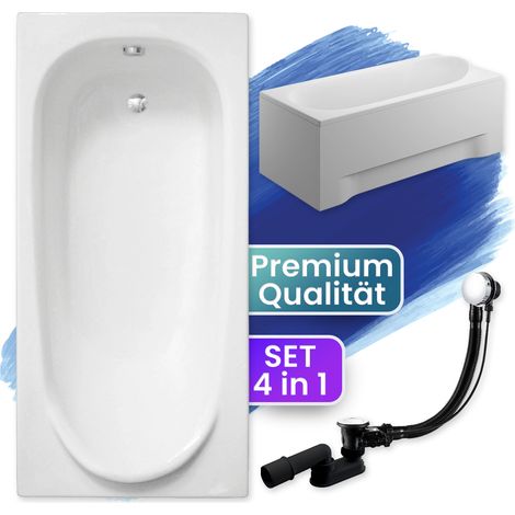 Badewanne Rechteck 170x75 mit AcrylSchürze, Ablaufgarnitur & Füßen GRATIS - Komplettset 4in1 Original Acryl Wanne Siphon - BADLAND MEDIUM (1/5)