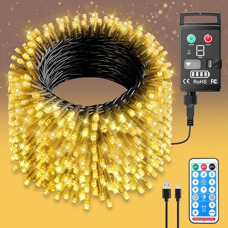 Guirlande Lumineuse à Pile Rechargeables Intérieur Extérieur LED 20M 200 LED avec Télécommande et Minuterie, 8 Modes d'Éclairage Étanche IP44 pour Décoration Maison, Noel, Jardin, Camping (1/5)