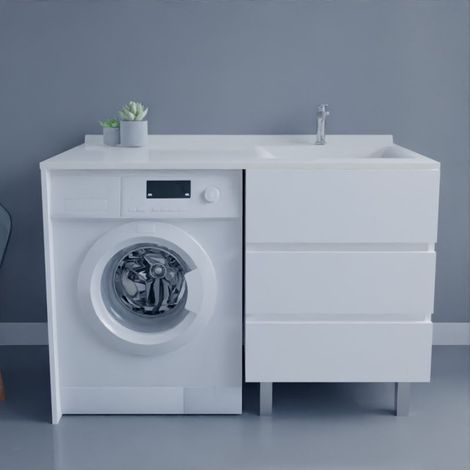 Cuisibane – Meuble lave-mains avec plan vasque déportée 124 cm x 65 cm – Blanc – 3 tiroirs avec amortisseurs – Fabrication européenne