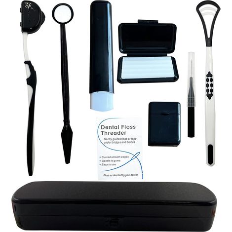 Kit de nettoyage orthodontique portable pour appareils dentaires - Brosse interdentaire - Cire dentaire - Fil dentaire - Kit de nettoyage - Noir (1/4)