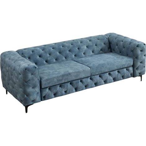 Sofá recto VELENA 3 plazas en terciopelo capitoné – Azul – 235 x 74 x 95 cm (1/5)