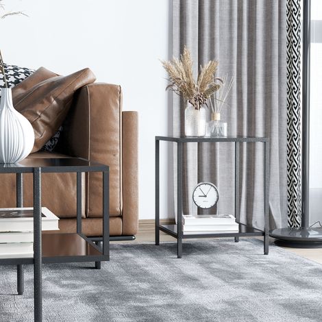 Beistelltisch mit gehärteten Glasplatten, 2 Ebenen, klassisches Design mit Metallstruktur, Schwarz