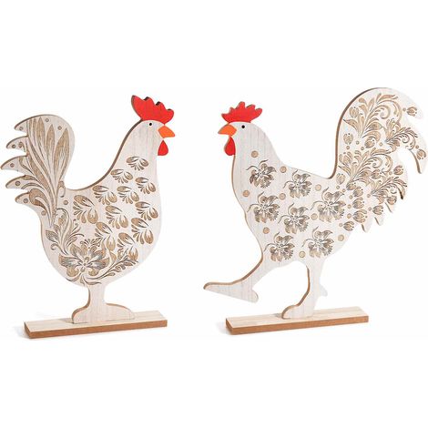 Poules en bois à décor gravé à poser, lot de 4, 29 x 4 x H. 30 cm