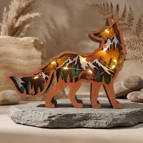 3D Animaux Sculpture en Bois Ornement avec LED Veilleuse, Wooden Artisanat Lumineux Forêt Loup Renard Ours Aigle Statue Décoration Cadeau pour Salon Chambre Bureau Déco (Renard) (1/5)