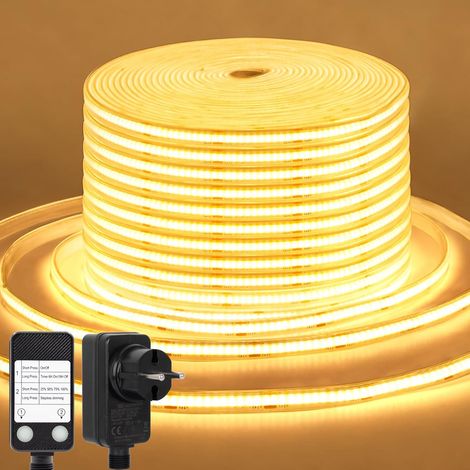 COB LED Strip 15M Warm White 2700K, 24V Dimmable LED Strip with Timer Waterproof Flexible LED Tape Adhesive for Home, Kitchen, Indoor, Outdoor, DIY Decoration (1/5)