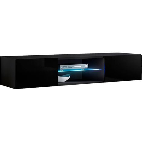 Mobile TV Sospeso con LED Mobile da Soggiorno Moderno Porta TV Salotto 2 ante 2 scomparti 160x30x38cm Modello Tibi Nero lucido