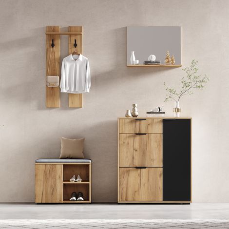 Mueble de recibidor, recibidor: perchero con banco tapizado, zapatero, espejo, 4 ganchos, 5 puertas, tablero de partículas, natural/negro (1/5)